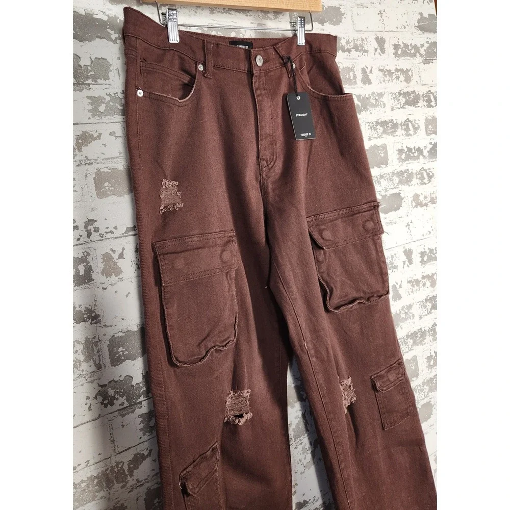 Forever 21 Cargo Pants Denim Dark Cocoa Straight Leg Distressed High Rise Casual
